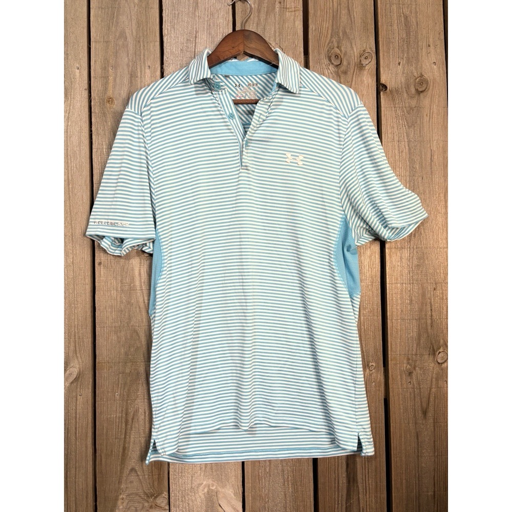 Under Armour HeatGear Polo Men's Medium Bright Blue White Stripe Golf Athletic‎